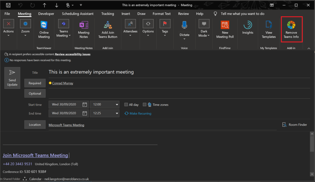 Remove Microsoft Teams conferencing information from meeting