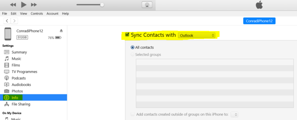 Sync outlook Contacts via iTunes