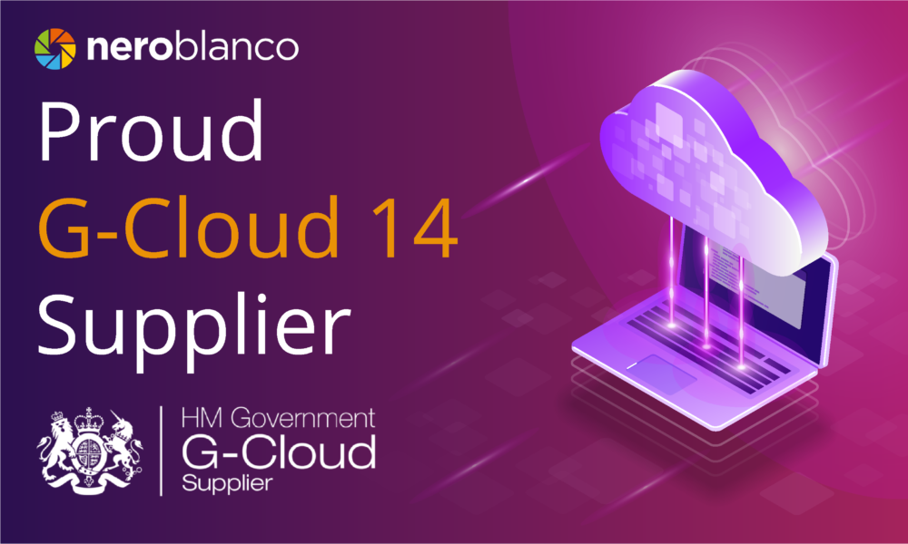 Cloud computer graphic announcement about nero Blanco's G-Cloud 14 accreditation.